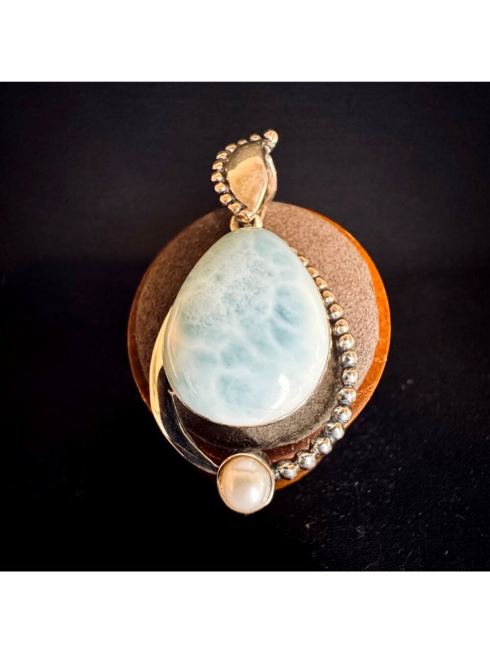 SAJEN Sterling Silver 925 Large Larimar & Pearl Bezel Set Pendant Size 2.25" - Picture 2 of 7